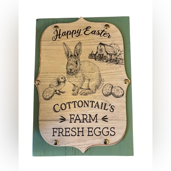 Hand Crafted Wood Happy Cottontails Easter Farm Fresh Eggs Wall Sign Aqua Hanger - Picture 1 of 3